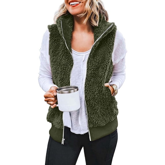 Njoeus Women Plus Size Sleeveless Fleeces Vests, Women's Fall Winter Warm Sherpas Vests Casual Lightweight Zip Up Vests Jacket Outerwear with Pockets S-5XL