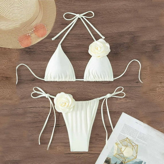 Njoeus Women Rose Bikini Sets Women's String Two Piece Swimsuit Halters Top with Tie Side Thong Bikini Bottom Sexy Bathing Suit
