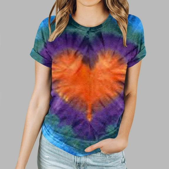 Njoeus Women Tie-Dyed Heart Print Tunic Tops Summer Short Sleeve T Shirts Casual Loose Blouse S-XXL
