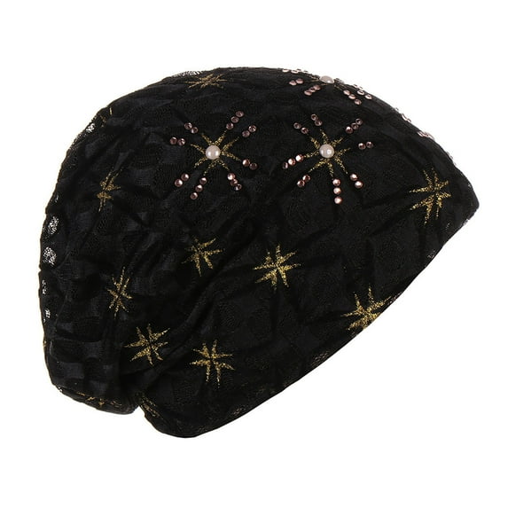Njoeus Women Turban Flower Caps Vintage Rhinestone Pearl Beanie Headscarf Elastic Headwrap Slouchy Hat