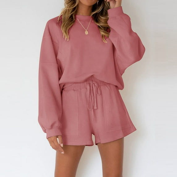 Njoeus Women's 2 Piece Lounge Set Long Sleeve Casual Pullover Tops and Shorts Sets Solid Sweatsuit Women Pajama Short Sweater Outfits Fall Sleepwear Clothing