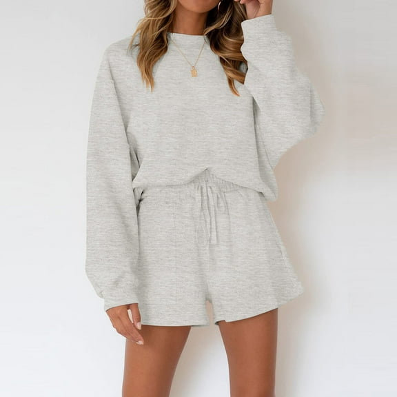 Njoeus Women's 2 Piece Lounge Set Long Sleeve Casual Pullover Tops and Shorts Sets Solid Sweatsuit Women Pajama Short Sweater Outfits Fall Sleepwear Clothing