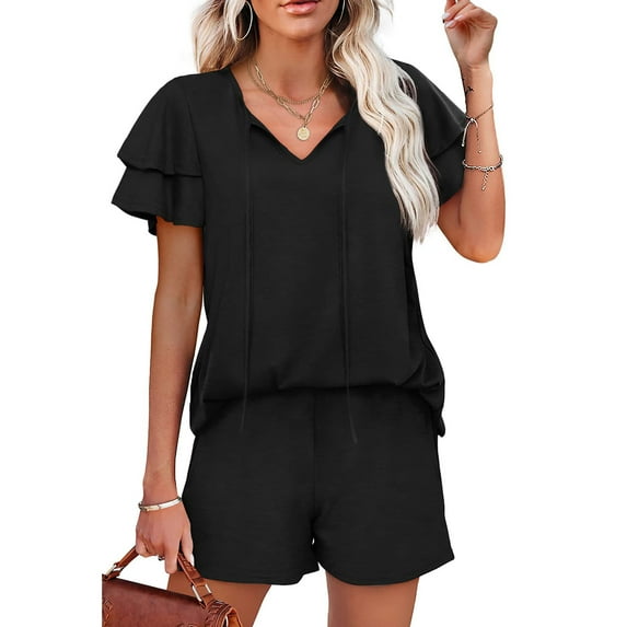Njoeus Women's 2 Piece Outfits Casual Ruffle Short Sleeve V Neck Tops and Shorts Lounge Set Solid Color Pajama Loungewear
