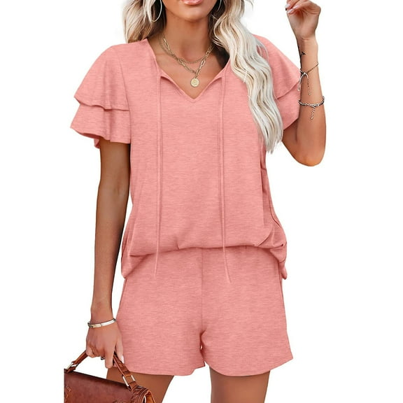 Njoeus Women's 2 Piece Outfits Casual Ruffle Short Sleeve V Neck Tops and Shorts Lounge Set Solid Color Pajama Loungewear