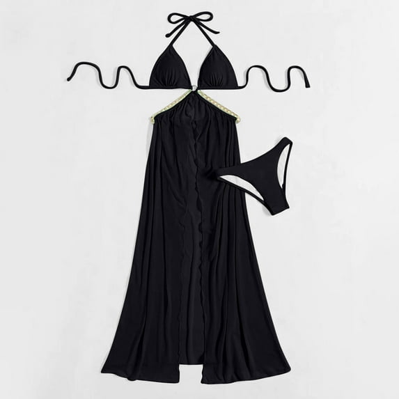 Njoeus Women's 2 Piece Outfits Halter Deep V Neck Bra Triangles Bikini Set Maxi Swimsuit Cover up Maxi Dresses Skirt Bathing Suit for Women