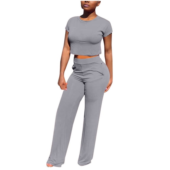 Njoeus Women's 2 Piece Outfits Short Sleeve Crop Tops Sweatsuit Yoga Lounge Long Pants Sweatpants Set with Pocket Casual Tracksuit