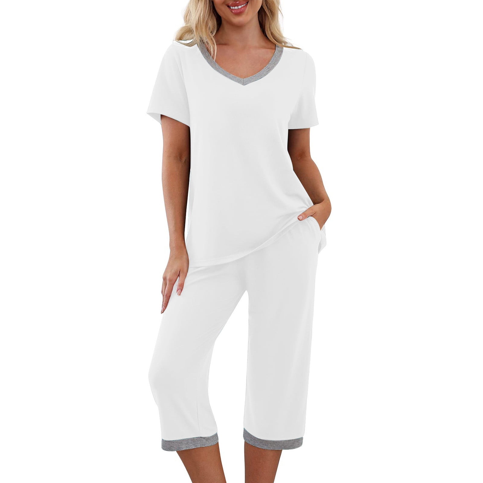 Njoeus Women's 2 Piece Pajamas Outfits Short Sleeve Sleepwear Top