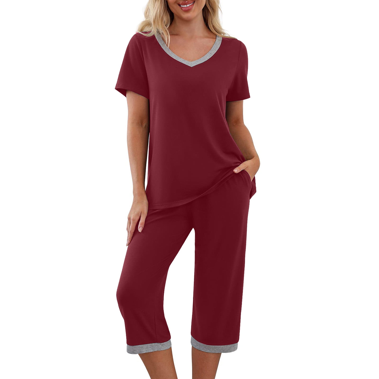 Njoeus Women's 2 Piece Pajamas Outfits Short Sleeve Sleepwear Top