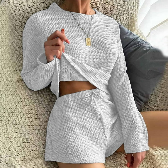 Njoeus Women's 2 Piece Sweater Outfits Casual Knitted Long Sleeve Pullover Tops Shorts Sets Comfy Solid Color Knit Lounge Set Tracksuit