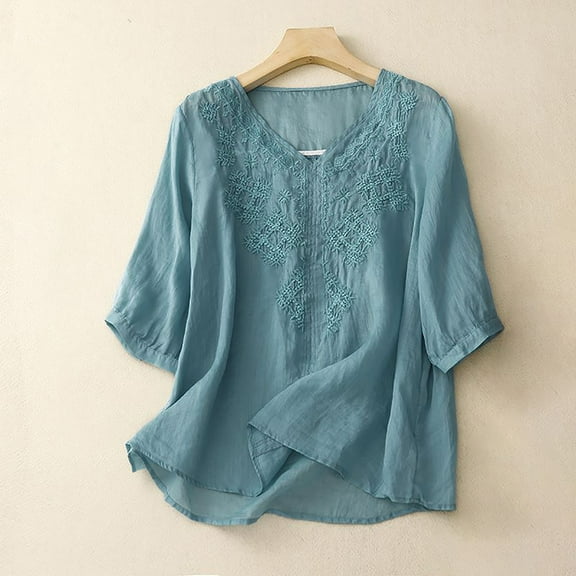Njoeus Women's 3/4 Sleeve Embroidered Boho Shirts Summer Peasant Tops Comfy Cotton Blended Tunic Blouses Beach Cover Up