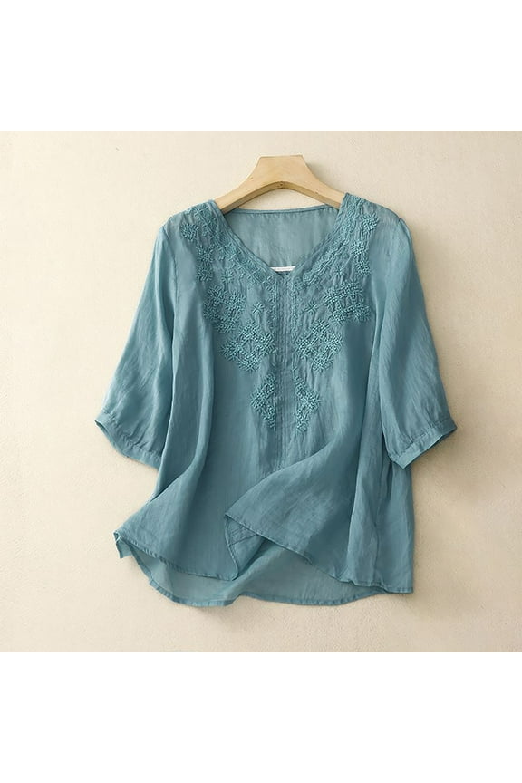 Women's 3/4 Sleeve Embroidered Boho Shirts Summer Peasant Tops Comfy Cotton Blended Tunic Blouses Beach Cover Up