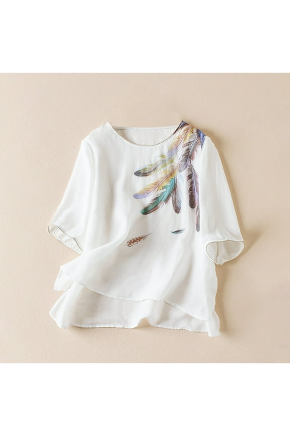 Women's 3/4 Sleeve Embroidered Boho Shirts Summer Peasant Tops Comfy Cotton Blended Tunic Blouses Beach Cover Up