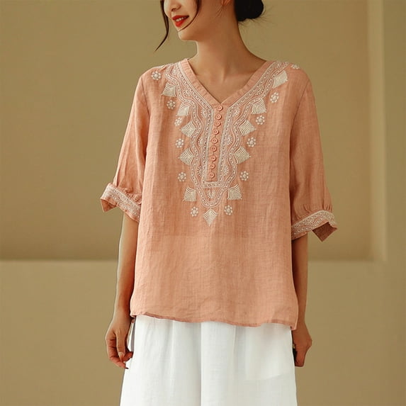 Njoeus Women's 3/4 Sleeve Embroidered Boho Shirts Summer Peasant Tops Comfy Cotton Blended Tunic Blouses Beach Cover Up