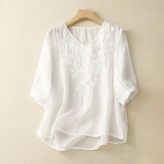 Njoeus Women's 3/4 Sleeve Embroidered Boho Shirts Summer Peasant Tops Comfy Cotton Blended Tunic Blouses Beach Cover Up