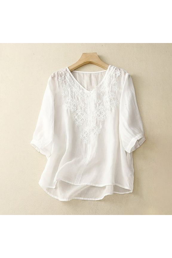 Women's 3/4 Sleeve Embroidered Boho Shirts Summer Peasant Tops Comfy Cotton Blended Tunic Blouses Beach Cover Up