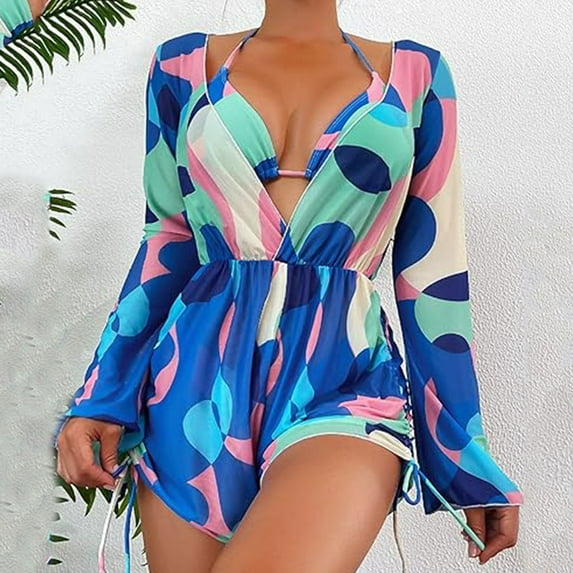 Njoeus Women's 3 Piece Bathing Suits Women Printed Triangles Halter Bikini Swimsuit Set with Cover Up Beach Swimwear