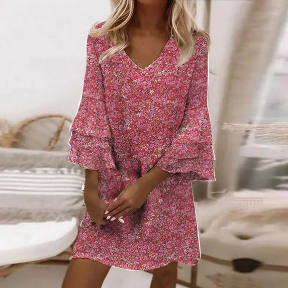 Njoeus Women's Boho Mini Dress Floral 3/4 Long Sleeve V Neck Flowy Tunic Dress Loose Casual Beach Dresses