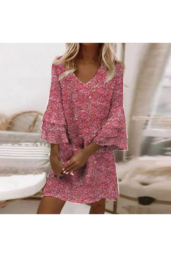 Women's Boho Mini Dress Floral 3/4 Long Sleeve V Neck Flowy Tunic Dress Loose Casual Beach Dresses