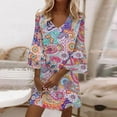 thumbnail image 1 of Njoeus Women's Boho Mini Dress Floral 3/4 Long Sleeve V Neck Flowy Tunic Dress Loose Casual Beach Dresses, 1 of 8