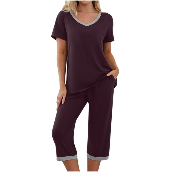 Njoeus Women's Capris Pajamas Set Soft V Neck Sleepwear Short Sleeve Top and Capris Pants Pjs Comfy Lounge Sets