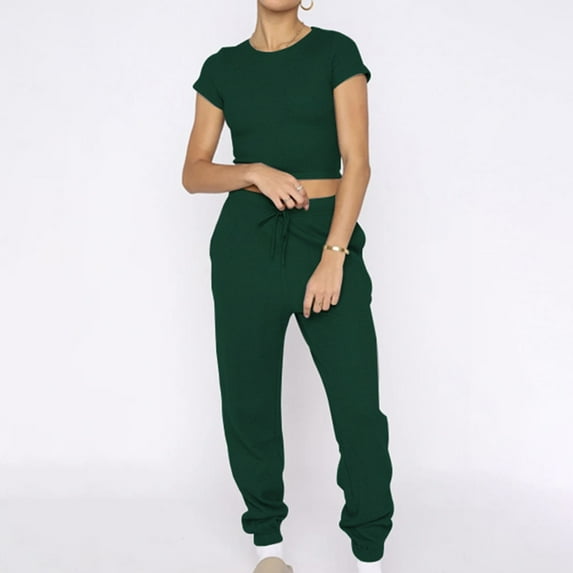 Njoeus Women's Casual 2 Piece Outfits Short Sleeve Crop Tops Sweatsuit Drawstring Waist Sweatpants Long Pants Set Tracksuit Lounge Jogging Suits