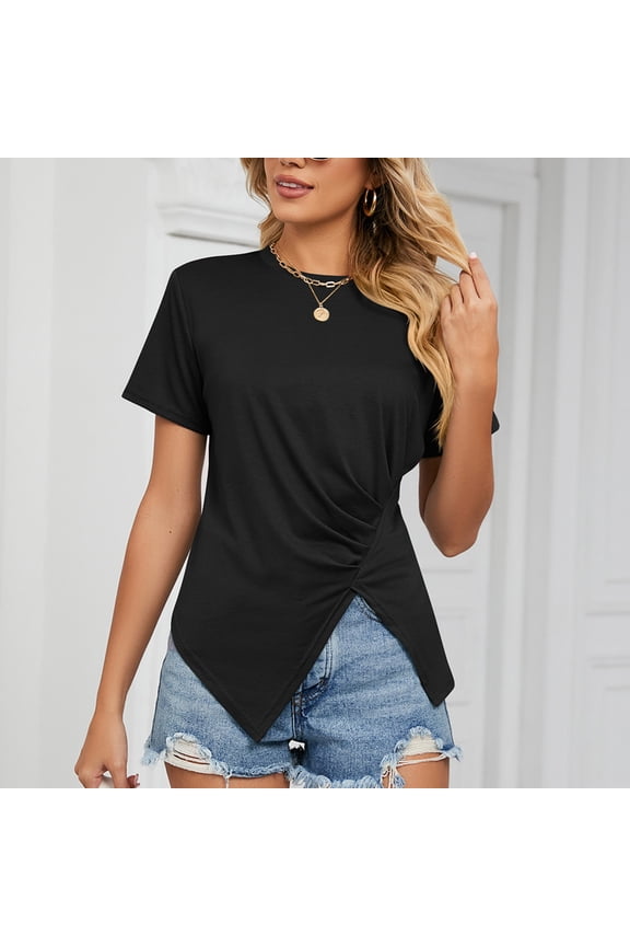 Women's Casual Basic Short Sleeve Loose T-Shirt Tee Tops Asymmetrical Hem Round Neck Summer T-Shirts Comfy Tee Blouses S-XXL