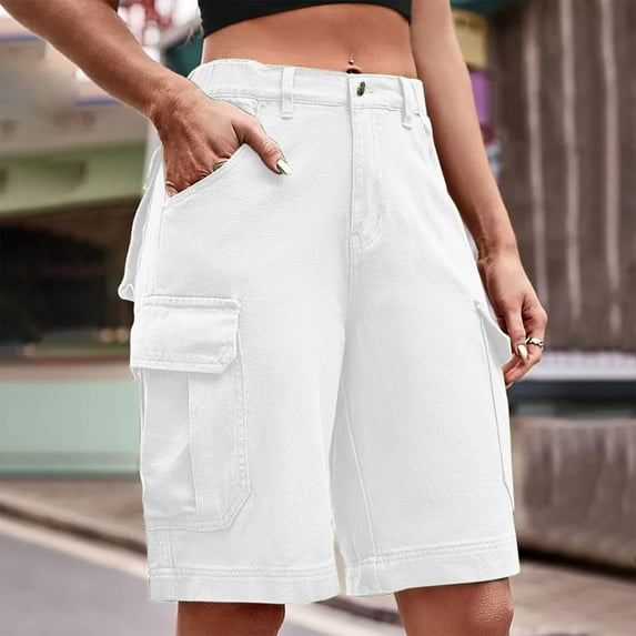 Njoeus Women's Casual Cargo Bermuda Shorts Relaxed Loose Fit Twill Cargo Short for Women Casual Elastic Waist Outdoor Work Shorts Pockets