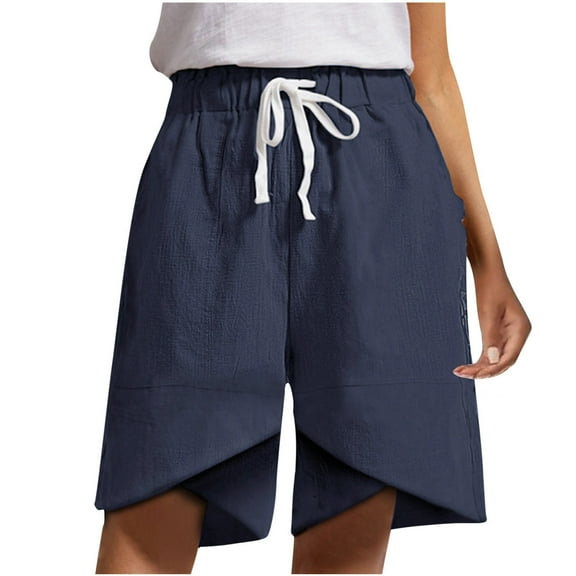 Njoeus Women's Casual Elastic Waist Cotton Bermuda Shorts with Drawstring Knee Length Summer Beach Lounge Linen Shorts