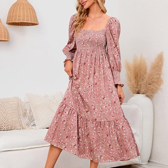 Njoeus Women's Casual Long Sleeve Wide Neck Fall Dress Boho Floral Smocked High Waist Flowy A Line Midi Long Dresses
