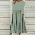 thumbnail image 1 of Njoeus Women's Casual Round Neck Long Sleeve Pleated Long Dresses Women Loose Plain Flowy Fall Midi Dresses, 1 of 5