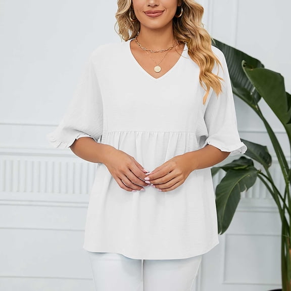 Njoeus Women's Casual Ruffle Short Sleeve T-Shirts Pleated V-neck Tunic Tops Plain Loose Comfy Blouse S-XXL