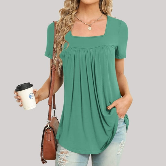 Njoeus Women's Casual Short Sleeve T-Shirts Pleated Wide Neck Basic Tunic Tops Loose Blouse Summer Clothes S-XXL