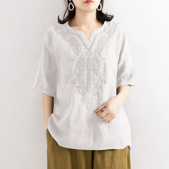 Njoeus Women's Comfy Cotton Embroidered Shirts Causal V-Neck Summer Tunic Tops Lightweight Blouses M-3XL