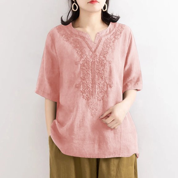 Njoeus Women's Comfy Cotton Embroidered Shirts Causal V-Neck Summer Tunic Tops Lightweight Blouses M-3XL