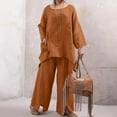 thumbnail image 1 of Njoeus Women's Cotton Linen Set Long Sleeve Pullover Top Loose Wide Leg Long Pants Women's Fashion 2 Piece Lounge Outfits Tracksuit, 1 of 7