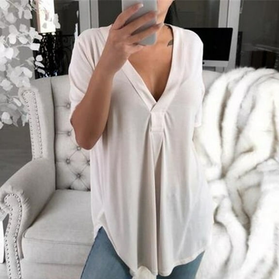Njoeus Women's Cotton Short Sleeve T-Shirt Casual Summer V-Neck Tunic Tops Loose Comfy Blouses S-5XL （Available in Plus Size)