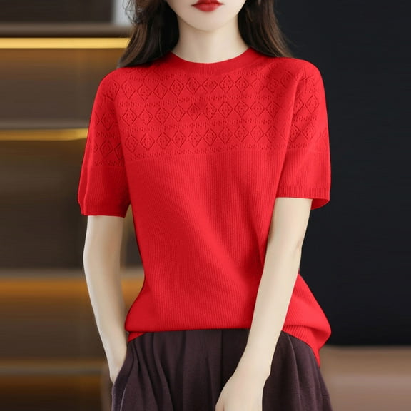 Njoeus Women's Crewneck Short Sleeve Knit Sweater Tops 2024 Spring Summer Dressy Blouse Women Trendy Casual Loose Tunic Tops Lightweight T-Shirt S-XXL