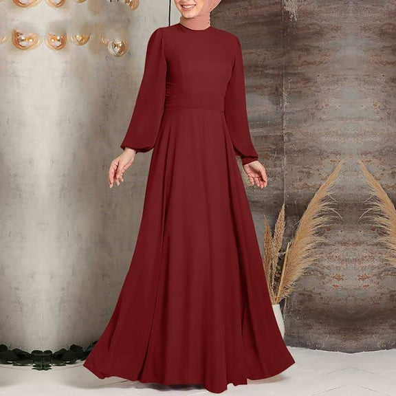 Njoeus Women's Elegant Long Sleeve Belted Muslim Dress Turtleneck Maxi Dresses Flowy Midi Dress Fall Wnter Party Gown Zipper Back