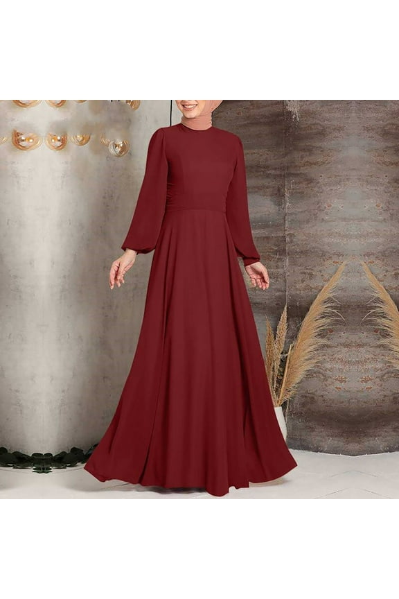 Women's Elegant Long Sleeve Belted Muslim Dress Turtleneck Maxi Dresses Flowy Midi Dress Fall Wnter Party Gown Zipper Back