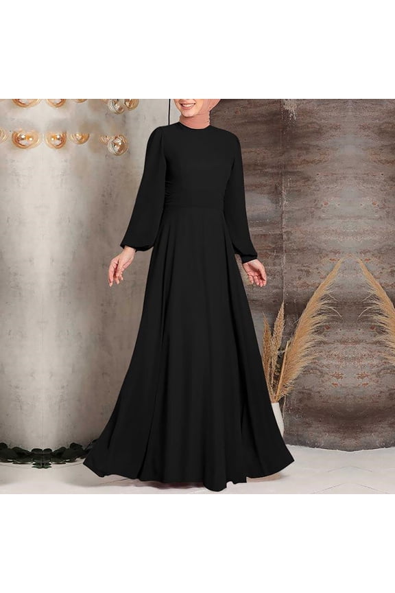 Women's Elegant Long Sleeve Belted Muslim Dress Turtleneck Maxi Dresses Flowy Midi Dress Fall Wnter Party Gown Zipper Back