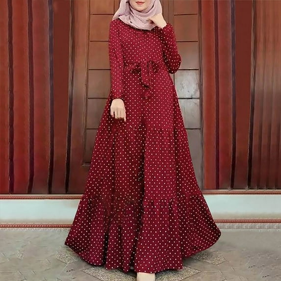 Njoeus Women's Elegant Tie Waist Polka Dots Maxi Dress Casual Long Sleeve Boho Flowy Long Midi Dresses for Work Party