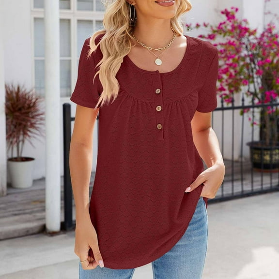 Njoeus Women's Eyelet Short Sleeve Shirts Round Neck Summer Tunic Tops Button Up Dressy Casual Blouses T Shirts S-XXL