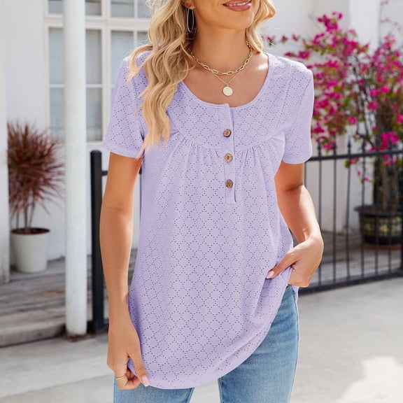 Njoeus Women's Eyelet Short Sleeve Shirts Round Neck Summer Tunic Tops Button Up Dressy Casual Blouses T Shirts S-XXL
