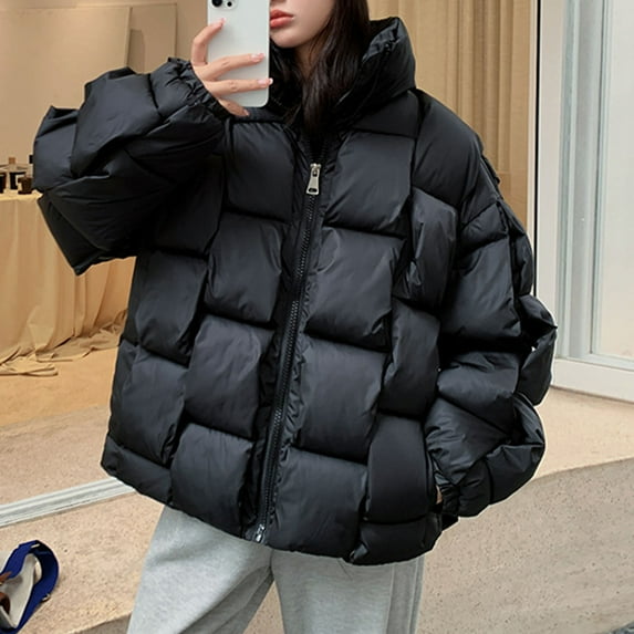 Njoeus Women's Fall Winter Long Sleeve Puffer Jacket Warm Cotton Jacket Pocket Down Coat with Stand Collar