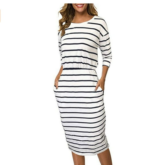 Njoeus Women's Fashion Fall Long Sleeve Pencil Work Dresses Wrap Crewneck Office Bodycon Dress Casual Elastic Waist Party Midi Dress with Pockets