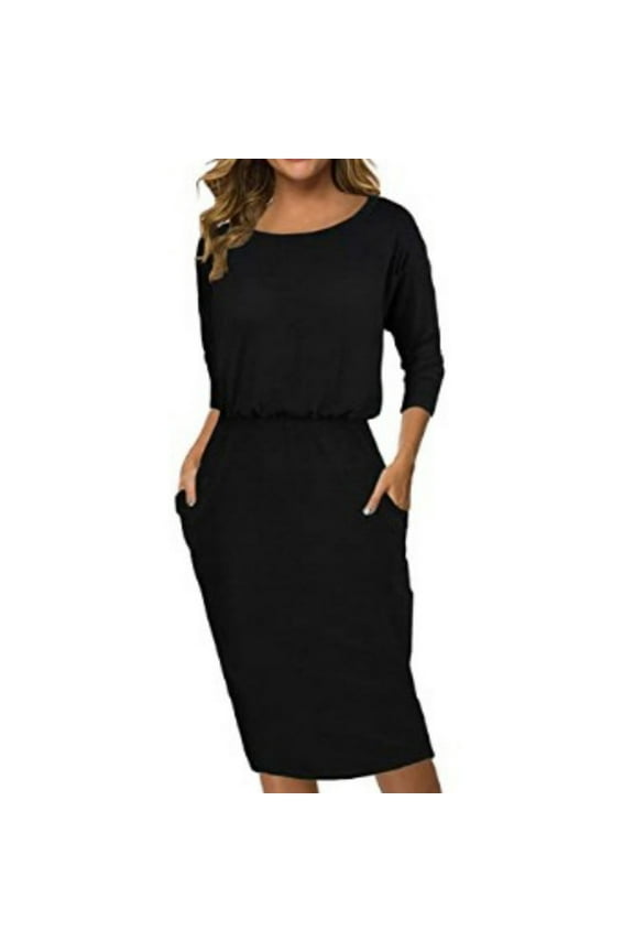 Women's Fashion Fall Long Sleeve Pencil Work Dresses Wrap Crewneck Office Bodycon Dress Casual Elastic Waist Party Midi Dress with Pockets