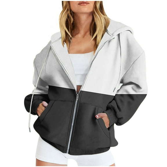 Njoeus Women's Full Zip Hooded Color Block Oversized Sweatshirts Casual Long Sleeve Hoodies Fall Jacket Coat for Women Teen Girls S-3XL