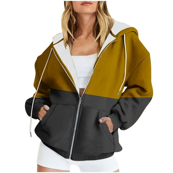 Njoeus Women's Full Zip Hooded Color Block Oversized Sweatshirts Casual Long Sleeve Hoodies Fall Jacket Coat for Women Teen Girls S-3XL