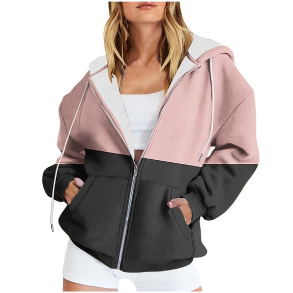 Njoeus Women's Full Zip Hooded Color Block Oversized Sweatshirts Casual Long Sleeve Hoodies Fall Jacket Coat for Women Teen Girls S-3XL