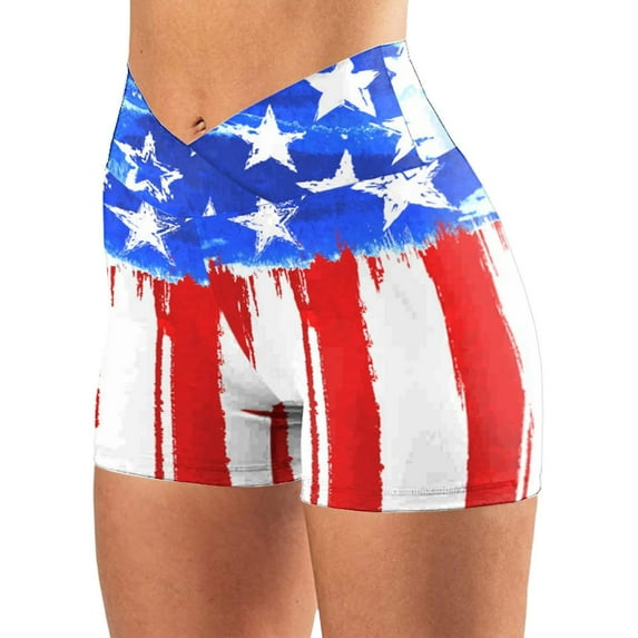 Njoeus Women's High Waisted Biker Short Legging Yoga Shorts, Women V-Cross High Waist Workout Gym Shorts Running Legging with American Flag